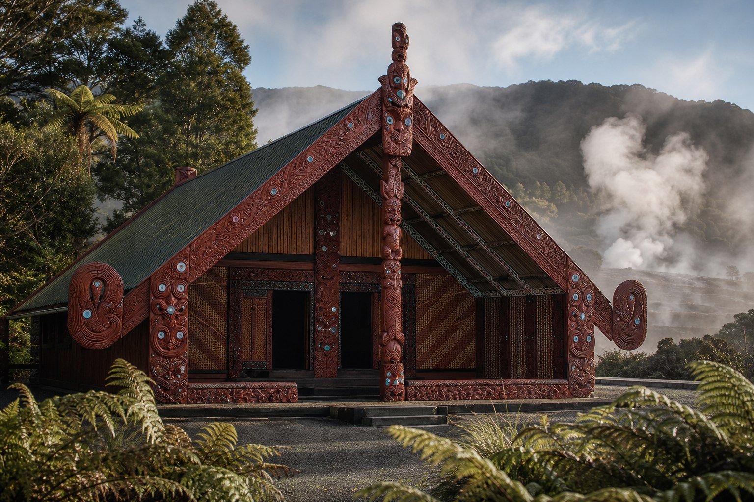 Carved Maori wharenui meeting house in Rotorua with traditional patterns