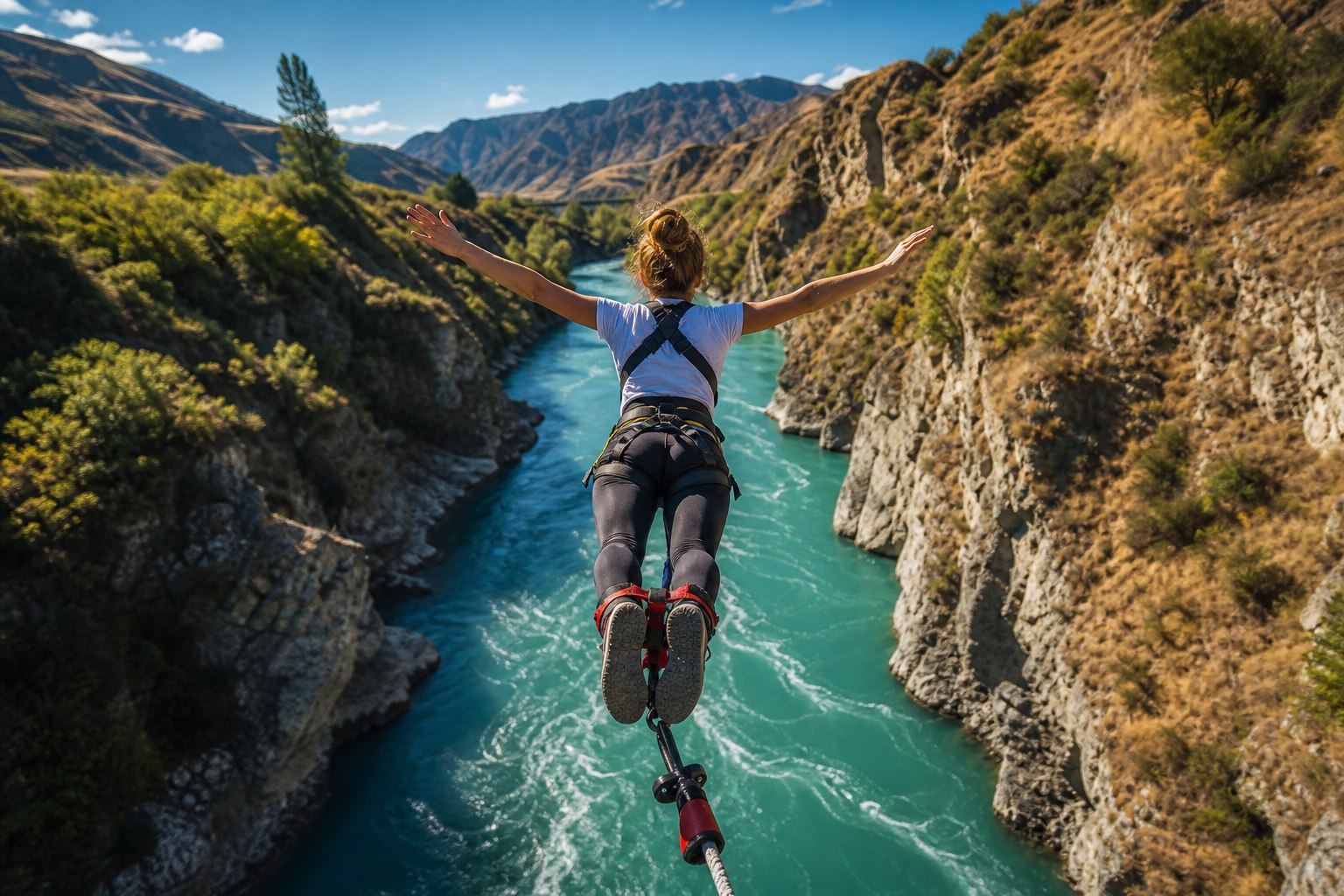 Bungee jumper over the Kawarau Gorge in Queenstown New Zealand