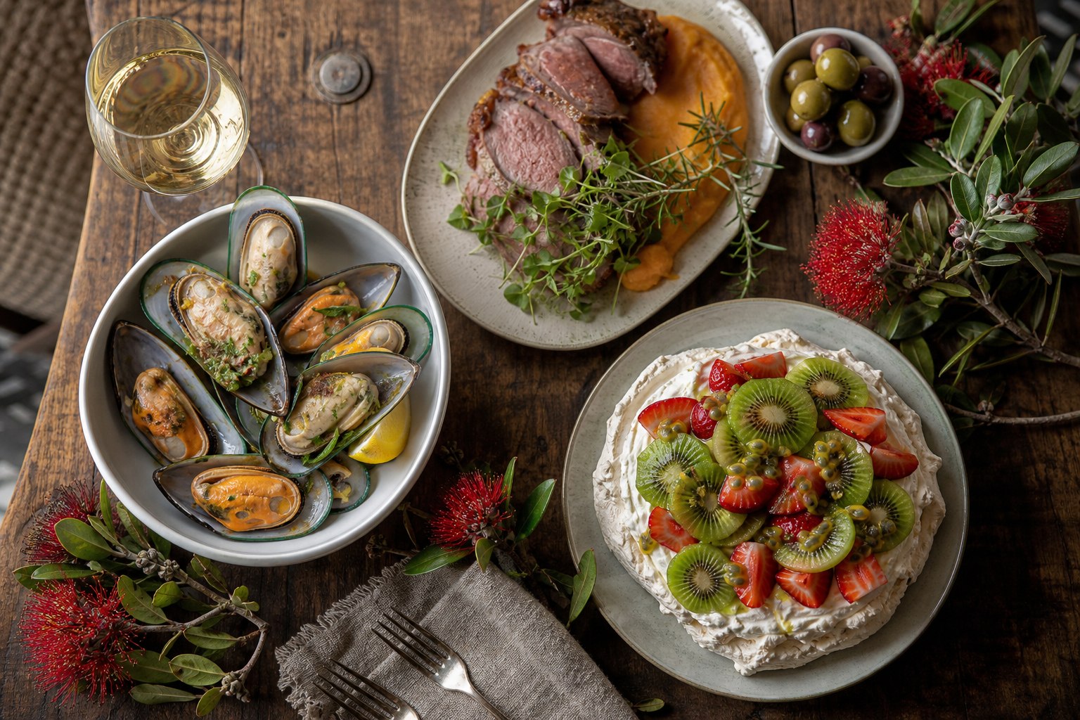 Rustic table laden with New Zealand foods including mussels lamb and pavlova