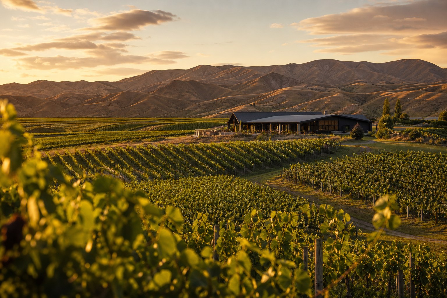 Rolling vineyard rows in Marlborough New Zealand at golden hour